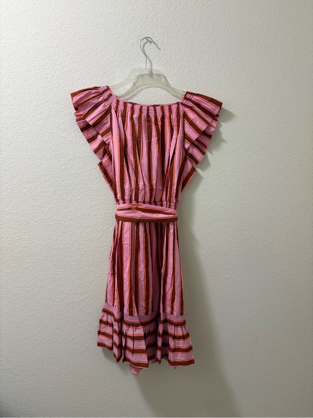 Kate Spade Calais pink and brown stripe ruffle flutter dress. Size Large. NWOT - Picture 3 of 3